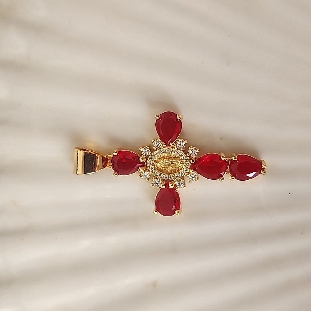 Gold Steel Cross Pendant Crystal Simulated Red Ruby Stones and Virgin Ma…